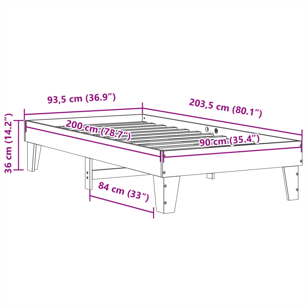 Sängram utan madrass vaxad brun 90x200 cm massiv furu