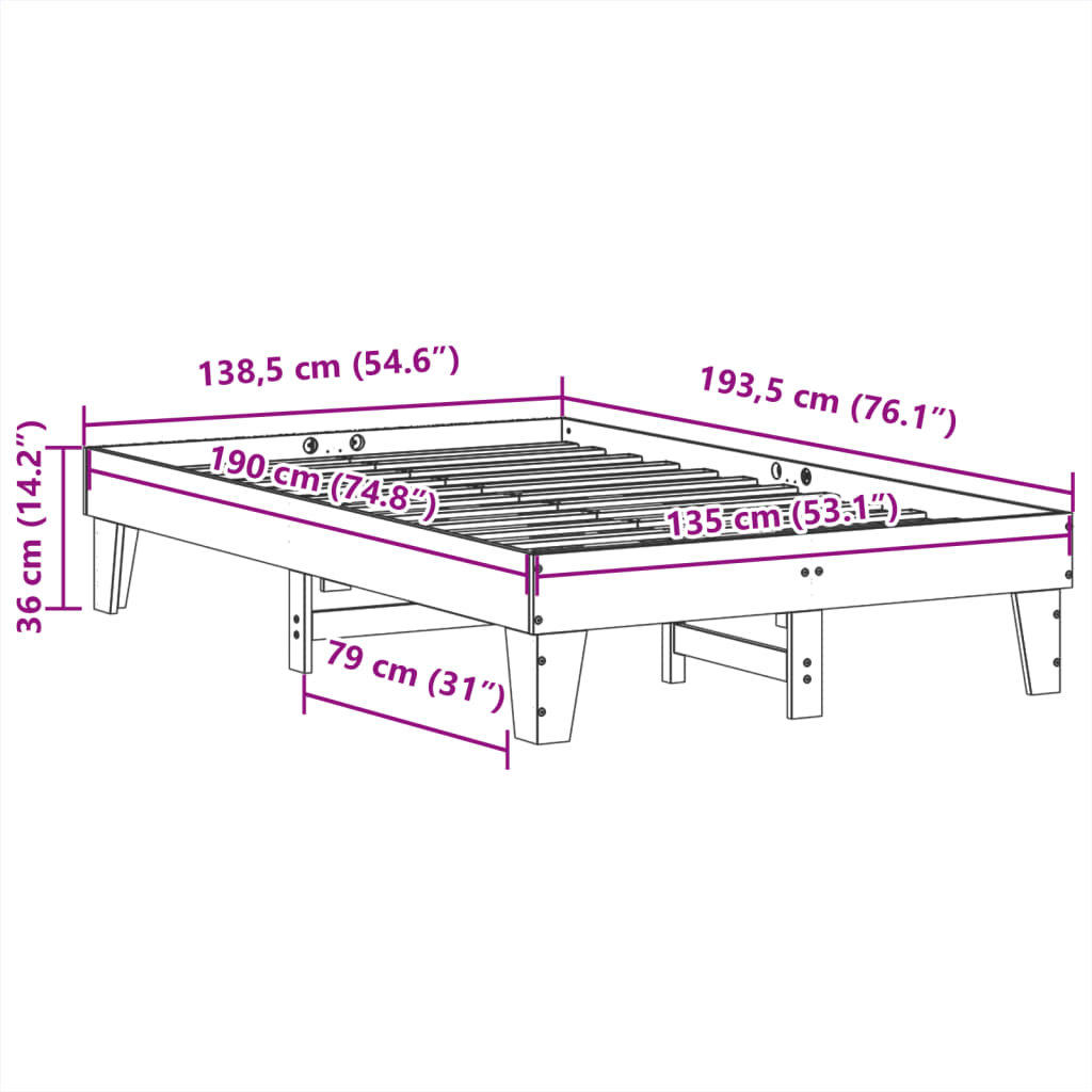 Sängram utan madrass vit 135x190 cm massiv furu