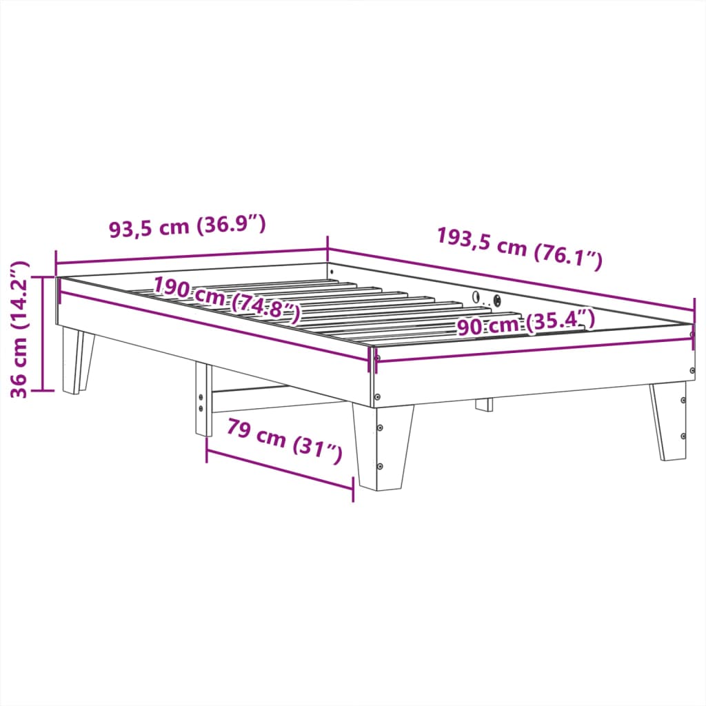 Sängram utan madrass vit 90x190 cm massiv furu