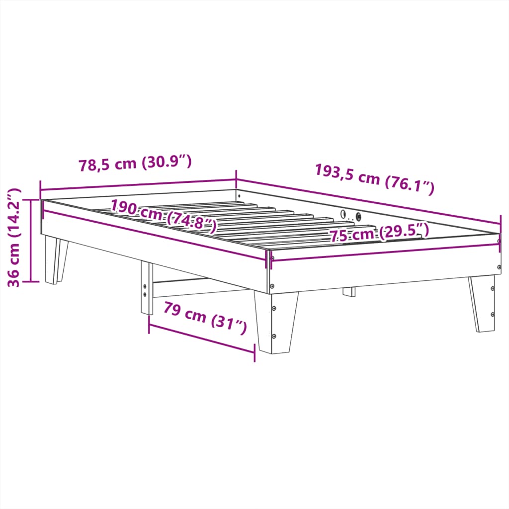 Sängram utan madrass vit 75x190 cm massiv furu