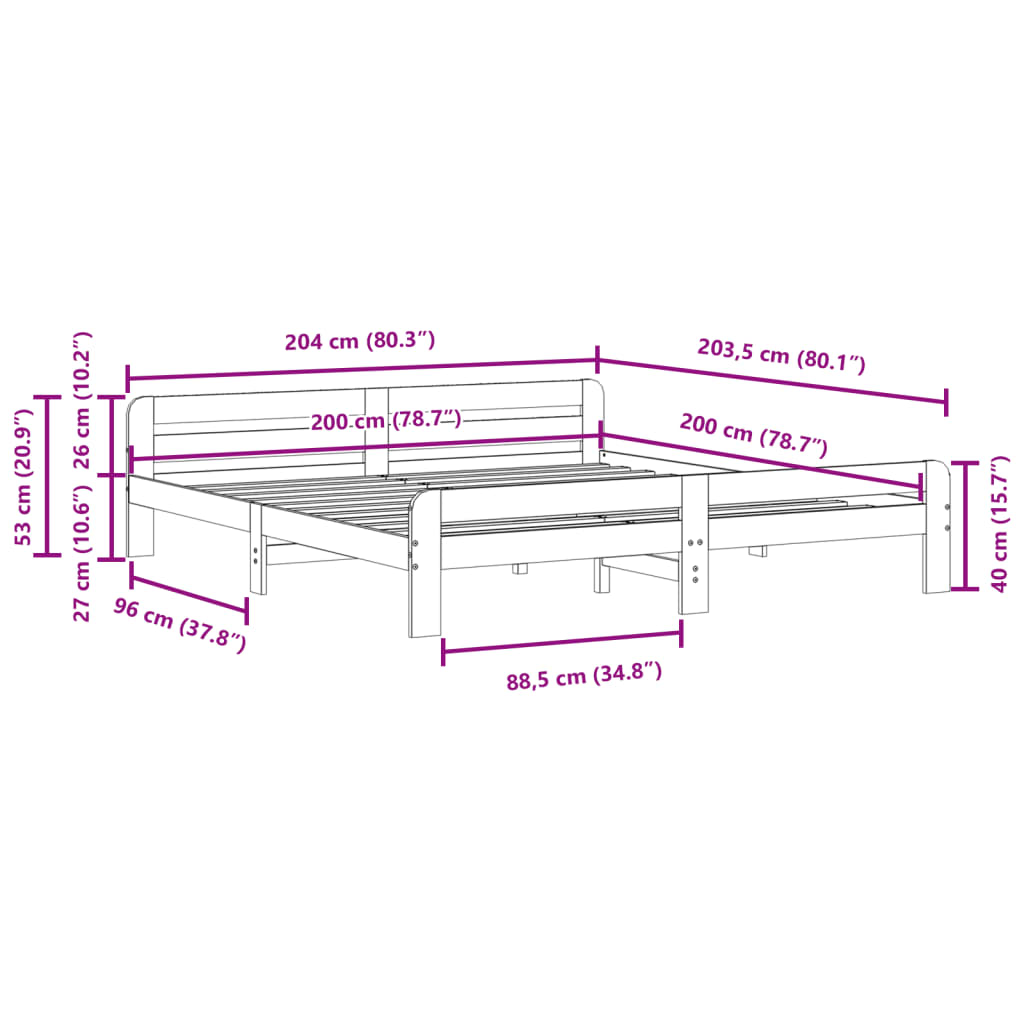 Sängram utan madrass vit 200x200 cm massiv furu