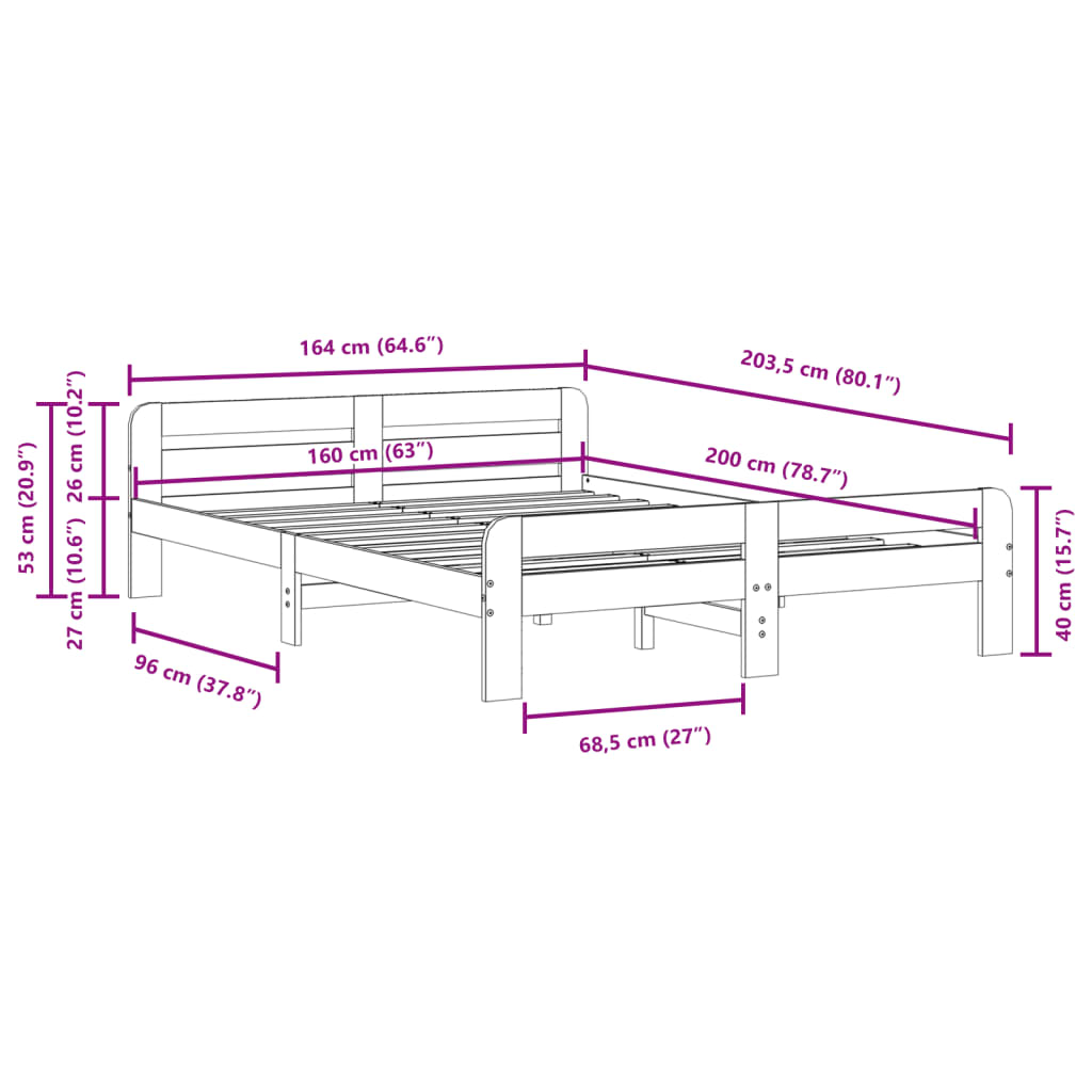 Sängram utan madrass vit 160x200 cm massiv furu