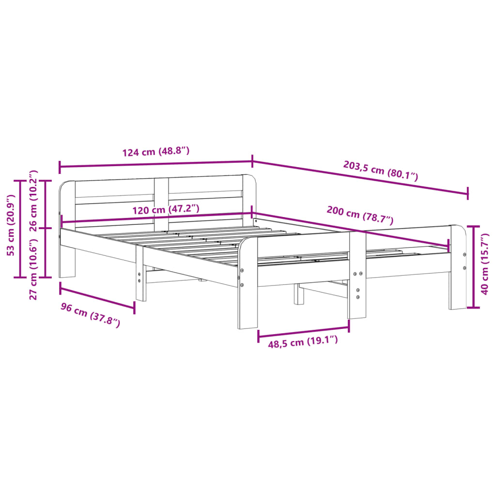 Sängram utan madrass vit 120x200 cm massiv furu