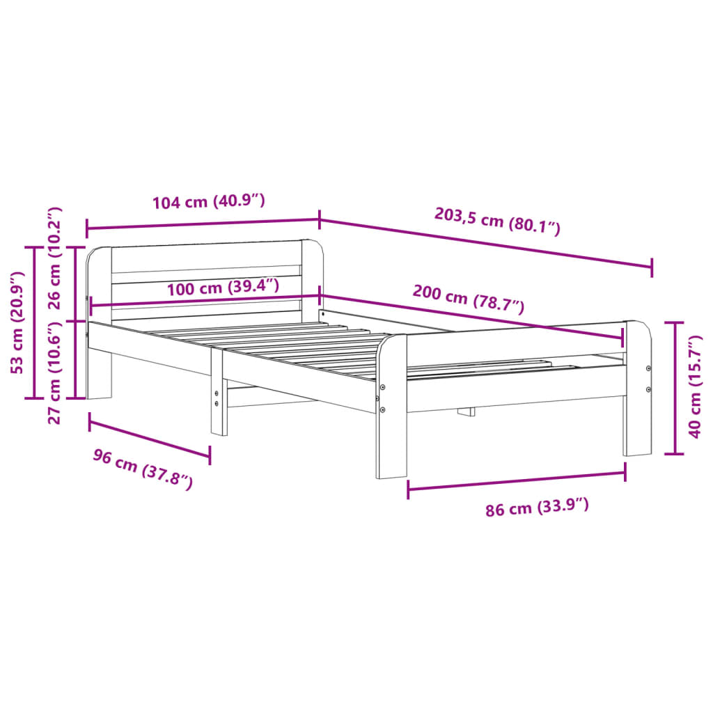 Sängram utan madrass vaxbrun 100x200 cm massiv furu