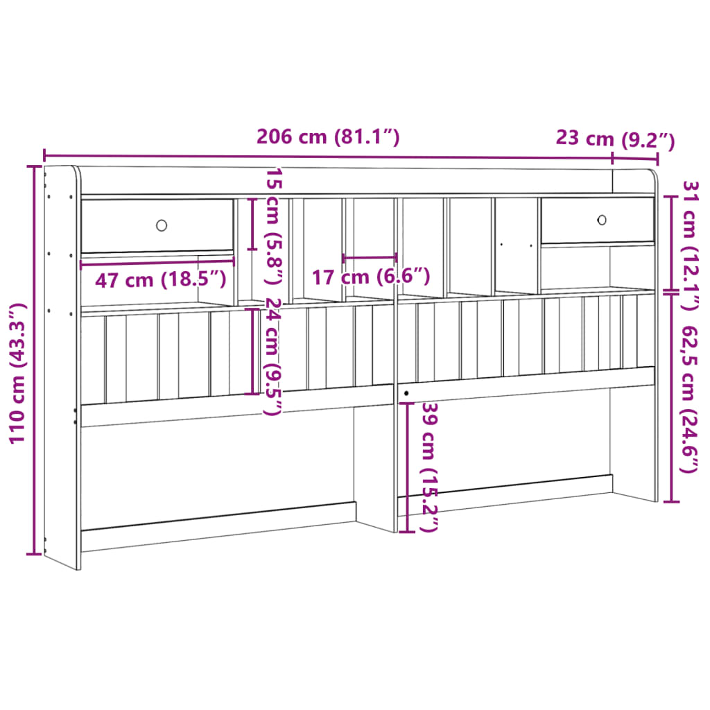 Huvudgavel med förvaring 200 cm massiv furu