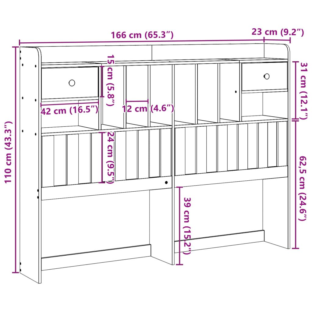 Huvudgavel med förvaring 160 cm massiv furu