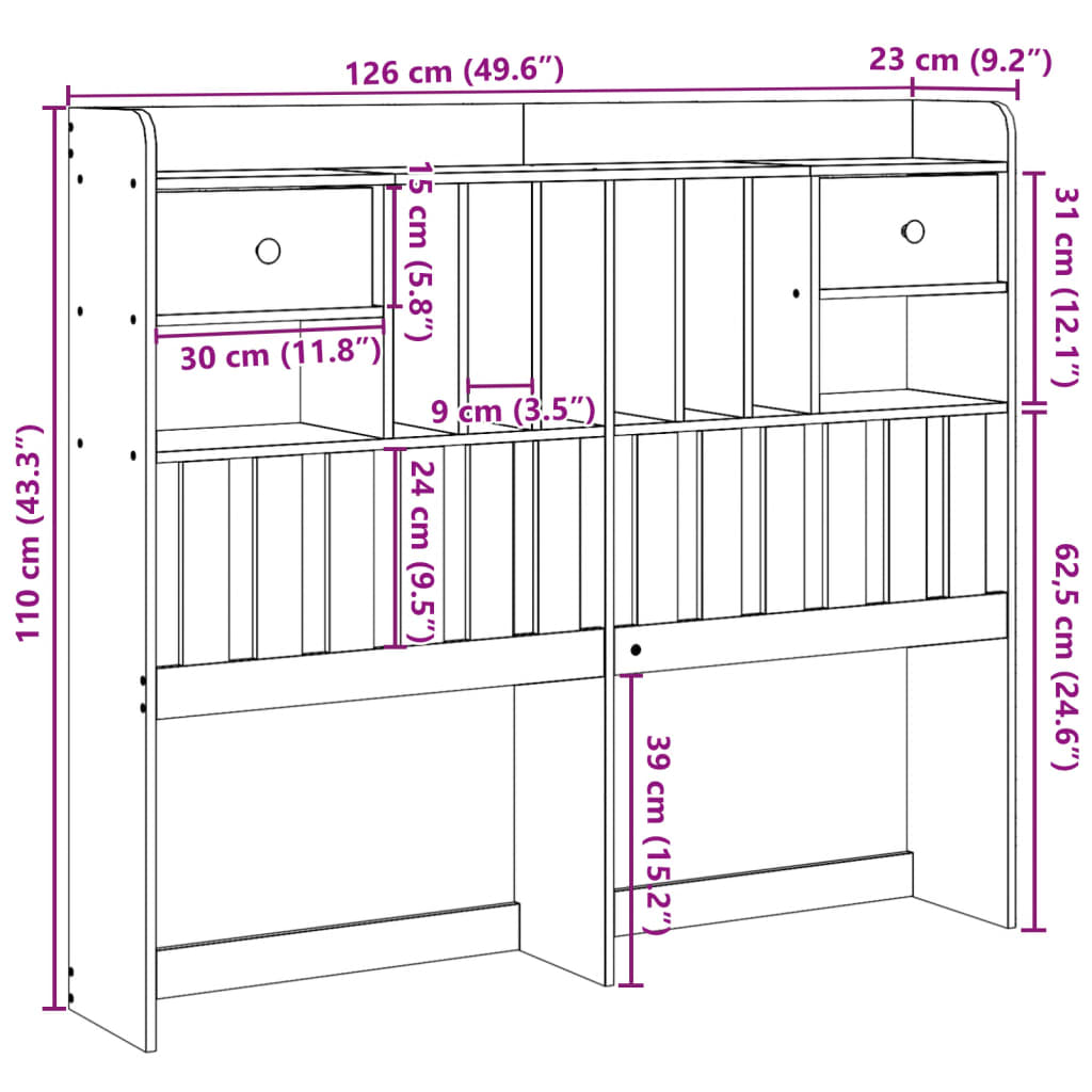 Huvudgavel med förvaring 120 cm massiv furu