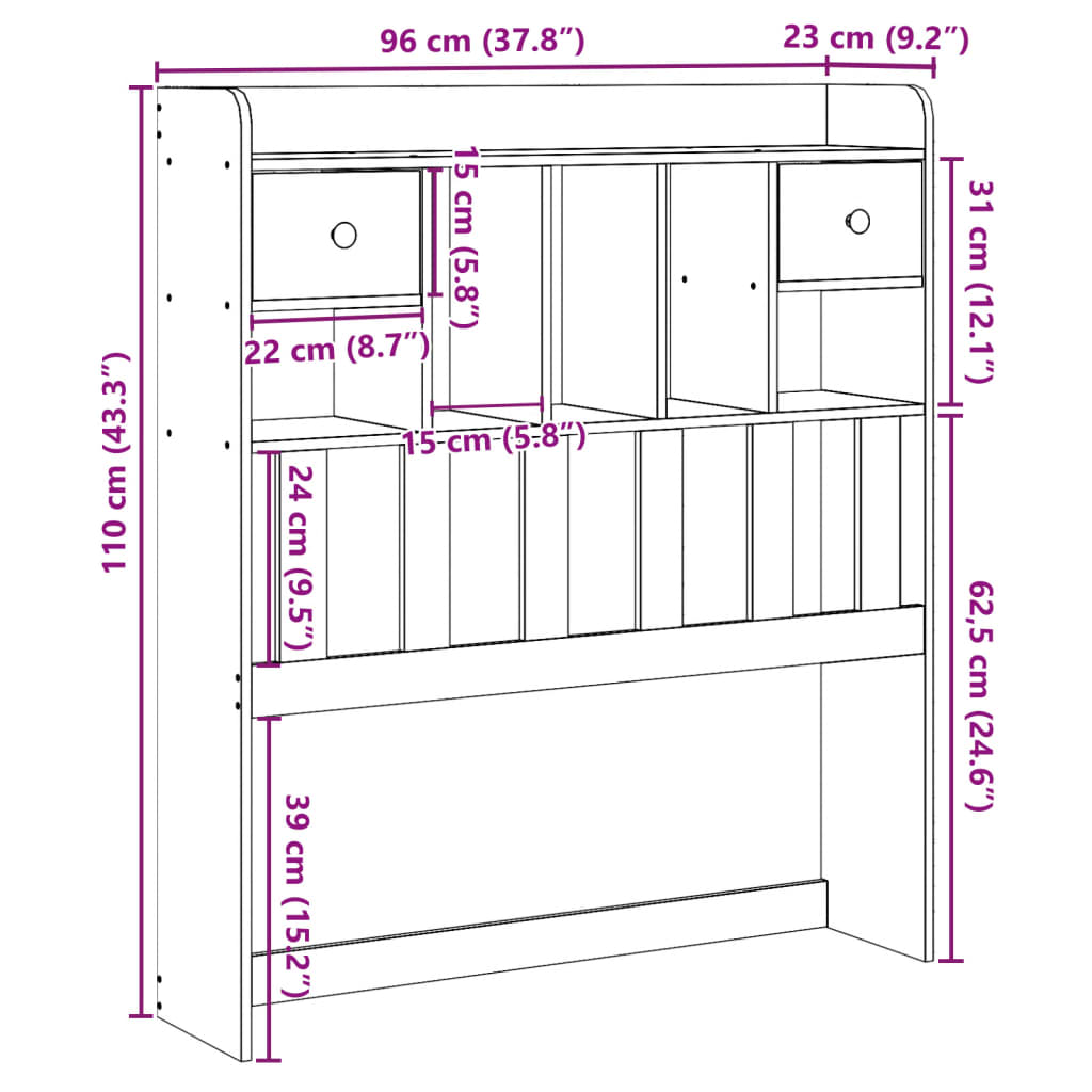 Huvudgavel med förvaring 90 cm massiv furu