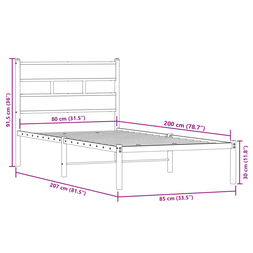 Sängram utan madrass metall rökfärgad ek 80x200 cm