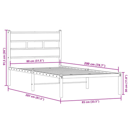 Sängram utan madrass metall rökfärgad ek 80x200 cm