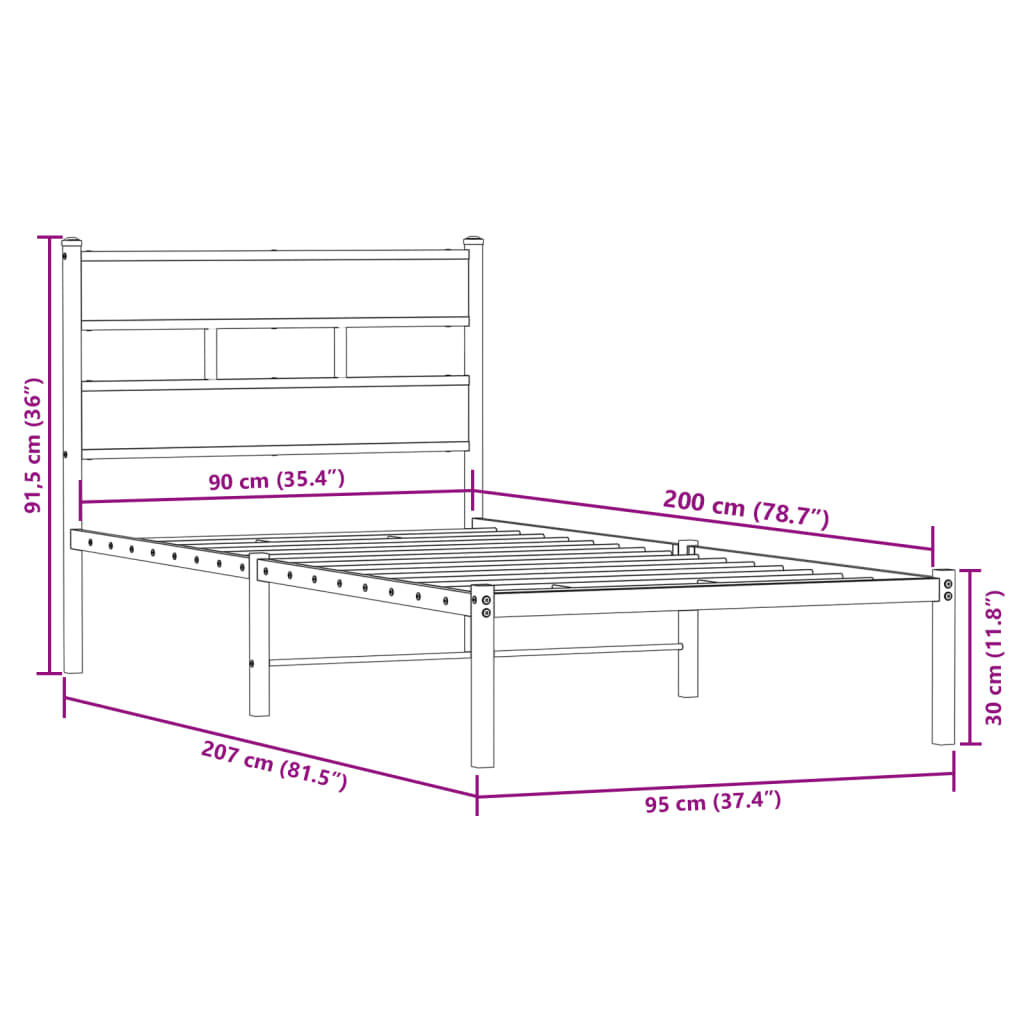 Sängram utan madrass metall rökfärgad ek 90x200 cm