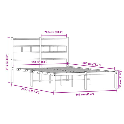 Sängram utan madrass metall rökfärgad ek 160x200 cm