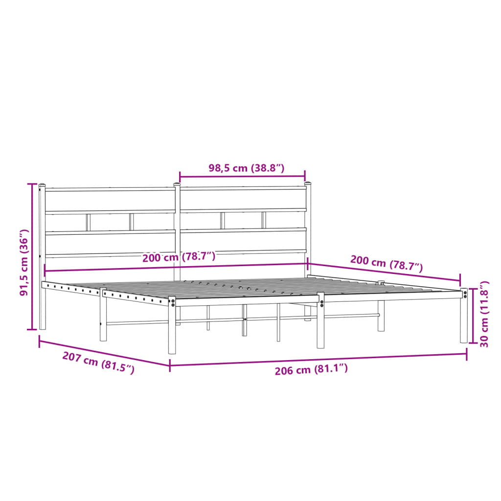 Sängram utan madrass metall rökfärgad ek 200x200 cm