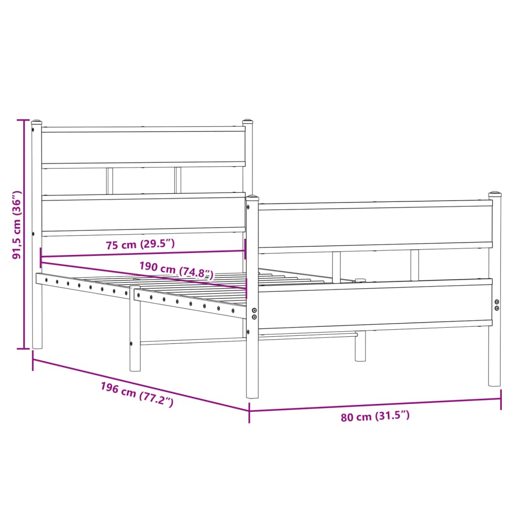 Sängram utan madrass metall rökfärgad ek 75x190 cm