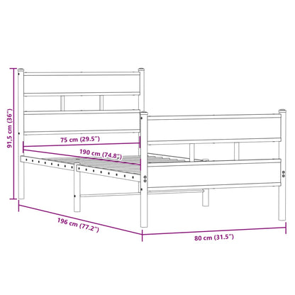 Sängram utan madrass metall rökfärgad ek 75x190 cm