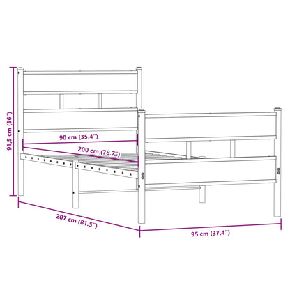 Sängram utan madrass metall rökfärgad ek 90x200 cm