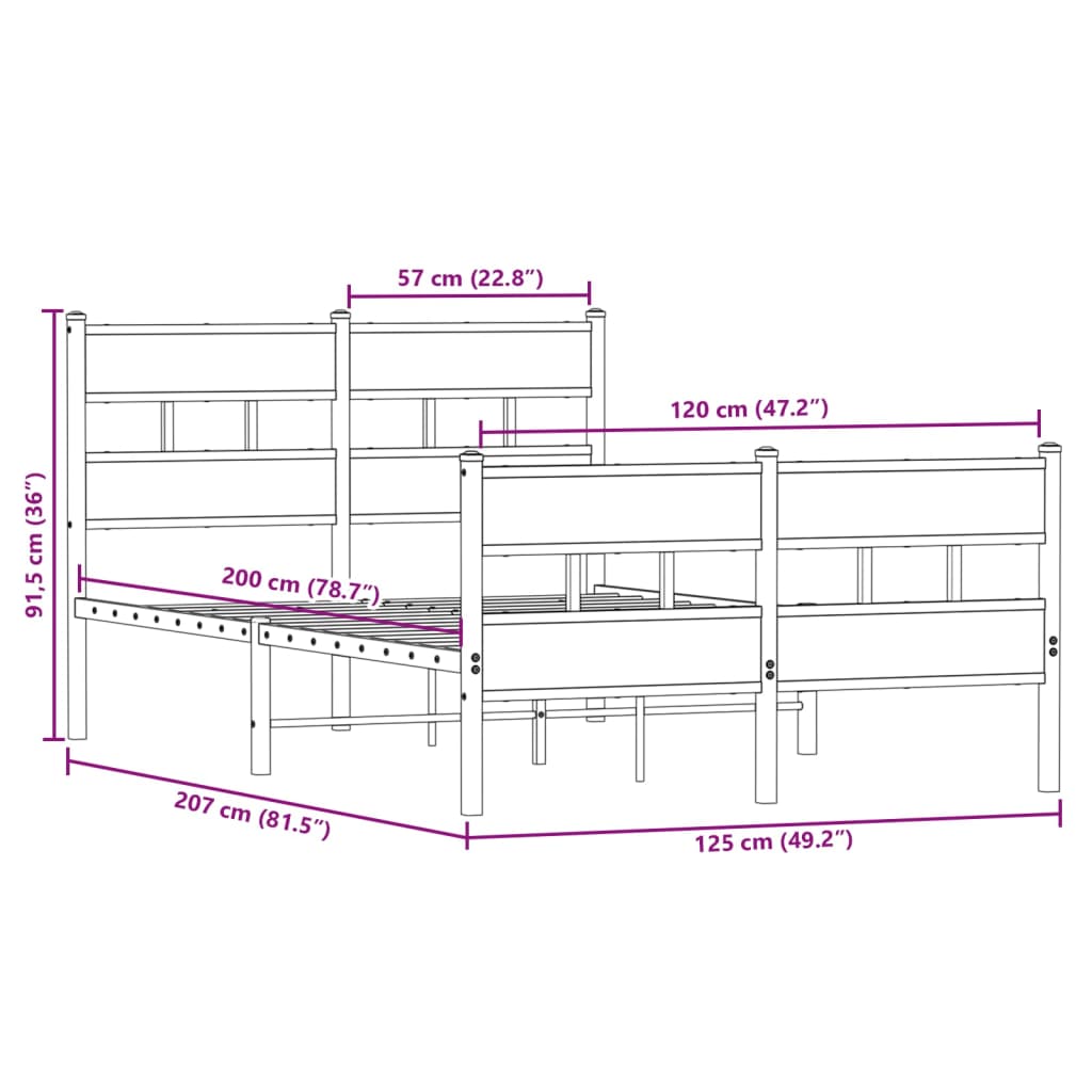 Sängram utan madrass metall rökfärgad ek 120x200 cm