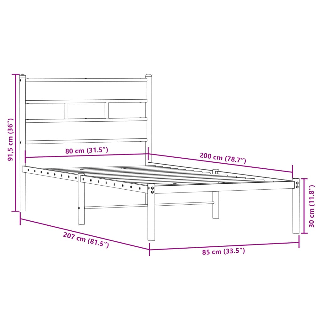 Sängram utan madrass metall sonoma-ek 80x200 cm