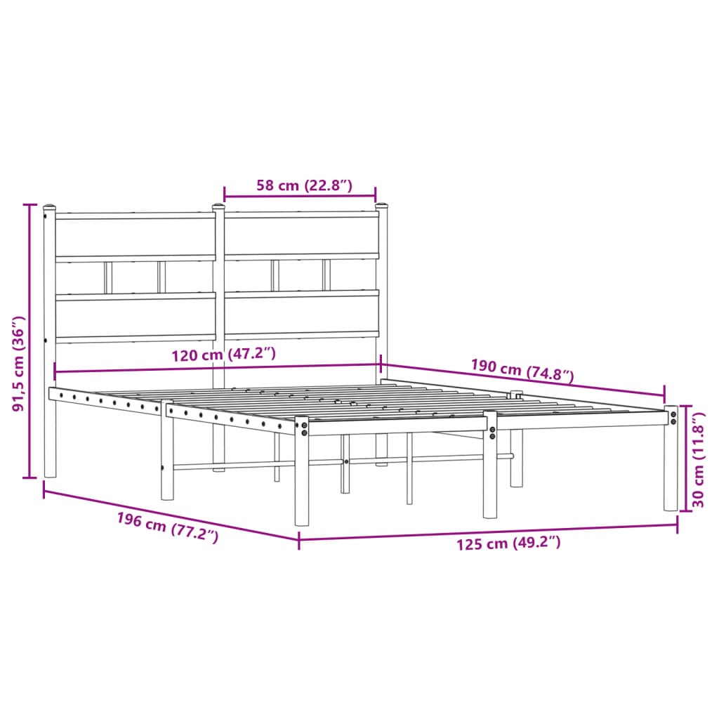 Sängram utan madrass metall sonoma-ek 120x190 cm