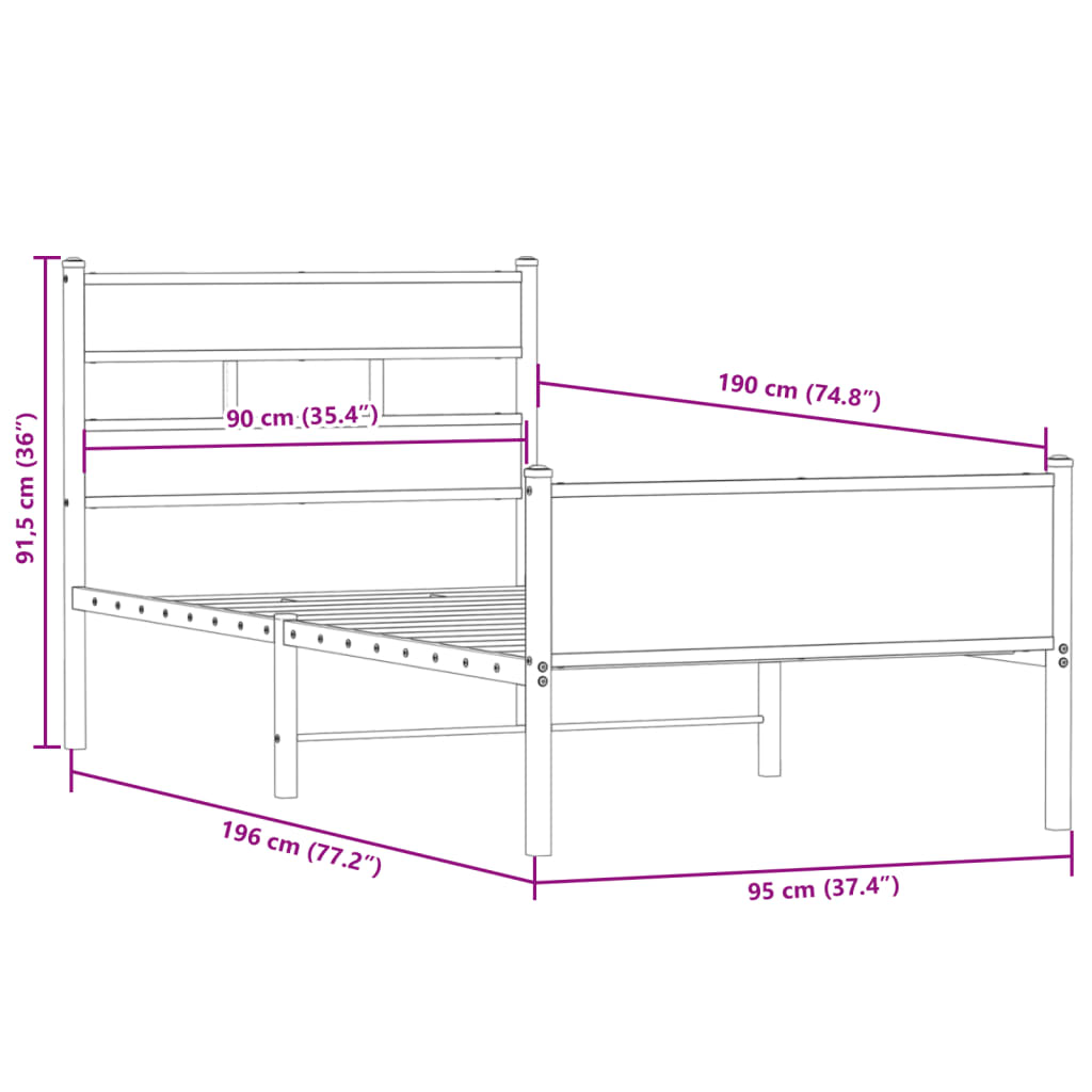 Sängram utan madrass rökfärgad ek 90x190 cm konstruerad trä