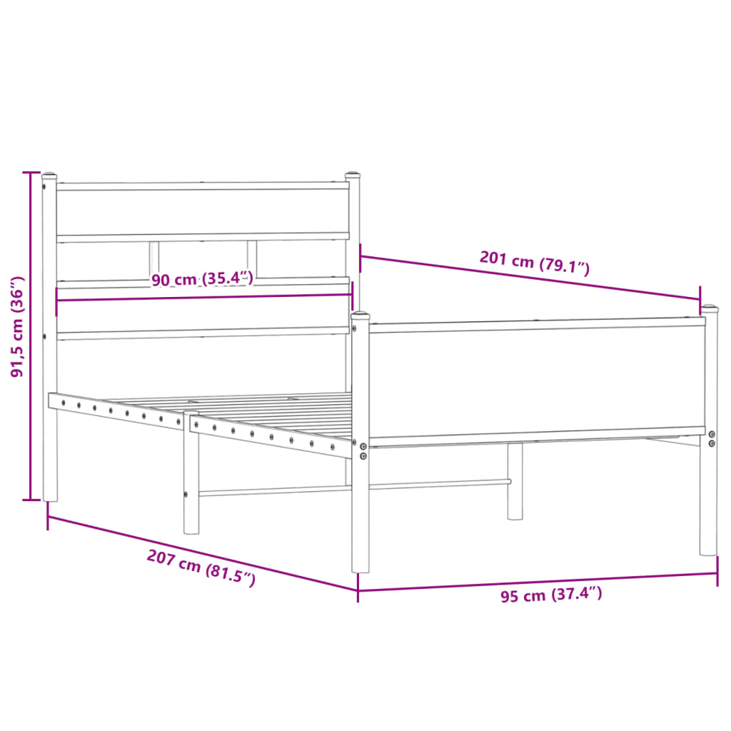 Sängram utan madrass rökfärgad ek 90x200 cm konstruerad trä