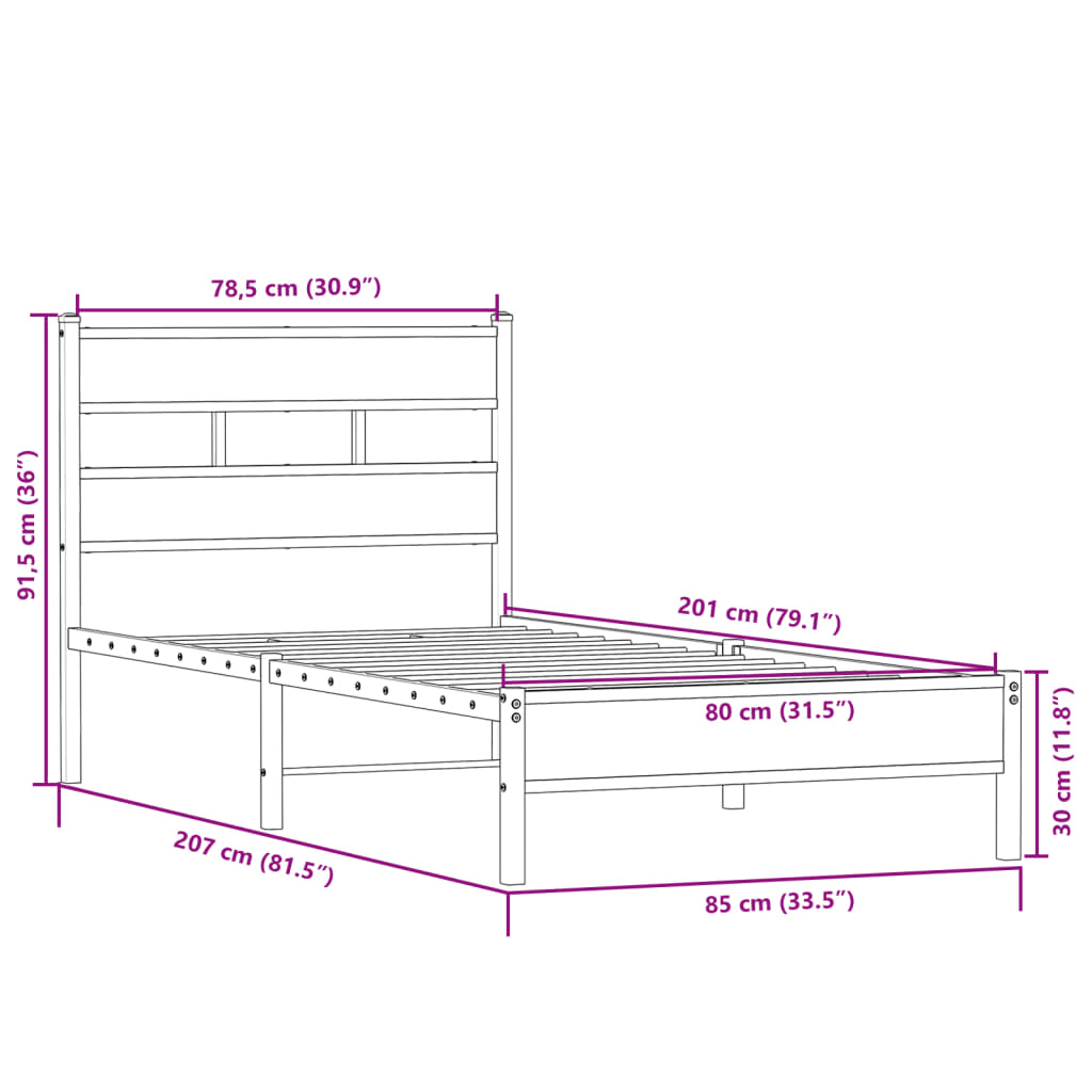 Sängram utan madrass sonoma-ek 80x200 cm konstruerad trä