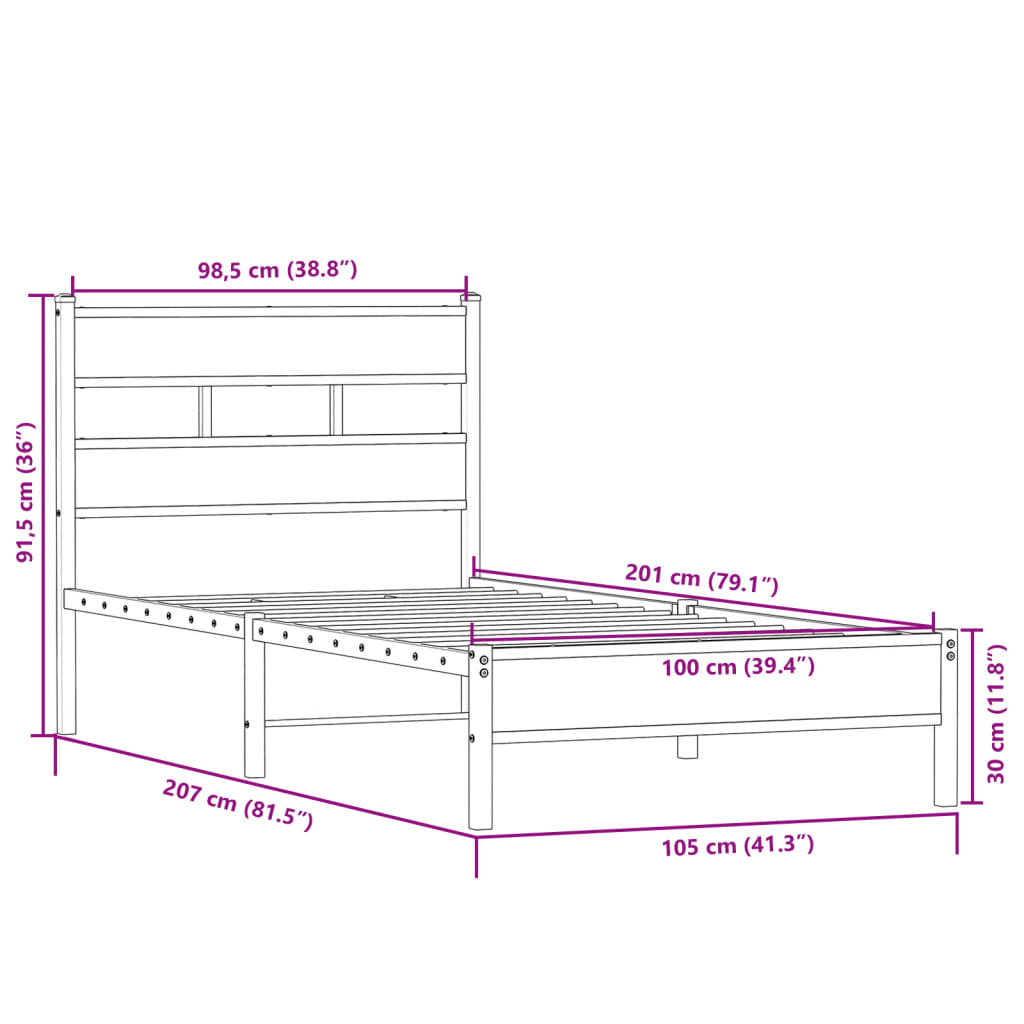 Sängram utan madrass sonoma-ek 100x200 cm konstruerad trä