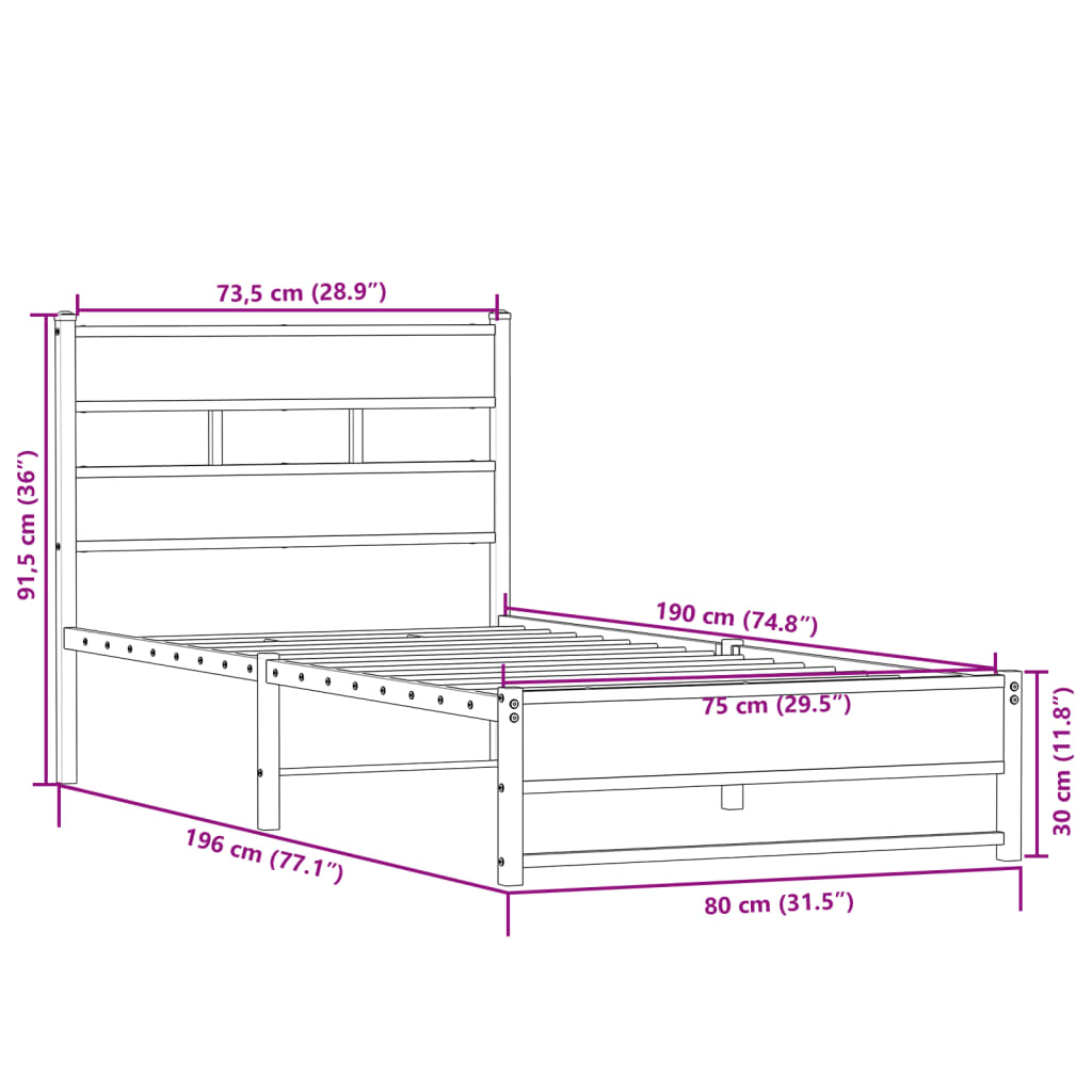 Sängram utan madrass metall sonoma-ek 75x190 cm