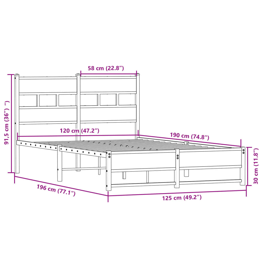 Sängram utan madrass metall sonoma-ek 120x190 cm