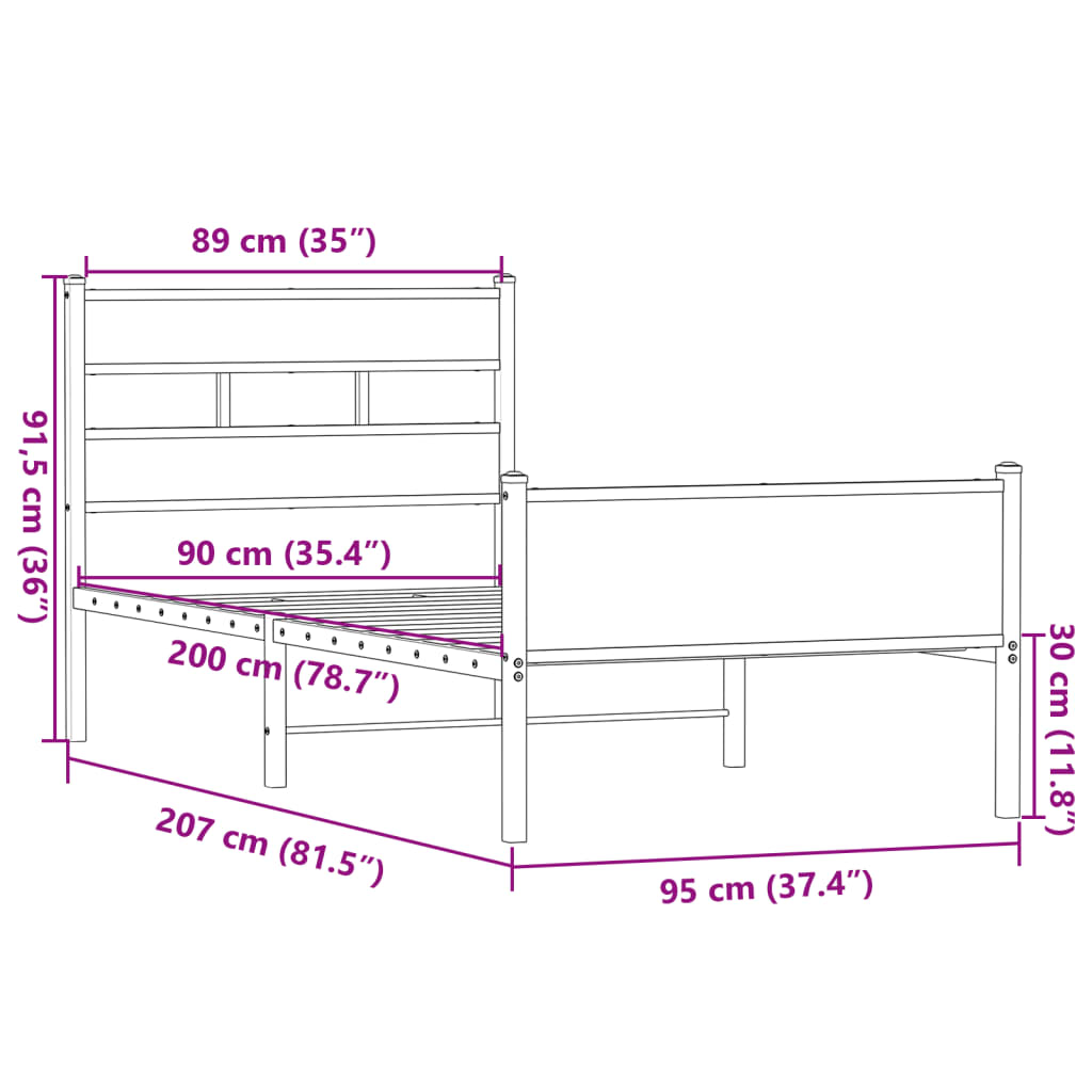 Sängram utan madrass sonoma-ek 90x200 cm konstruerad trä