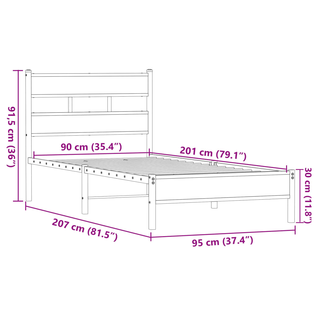 Sängram utan madrass brun ek 90x200 cm konstruerad trä