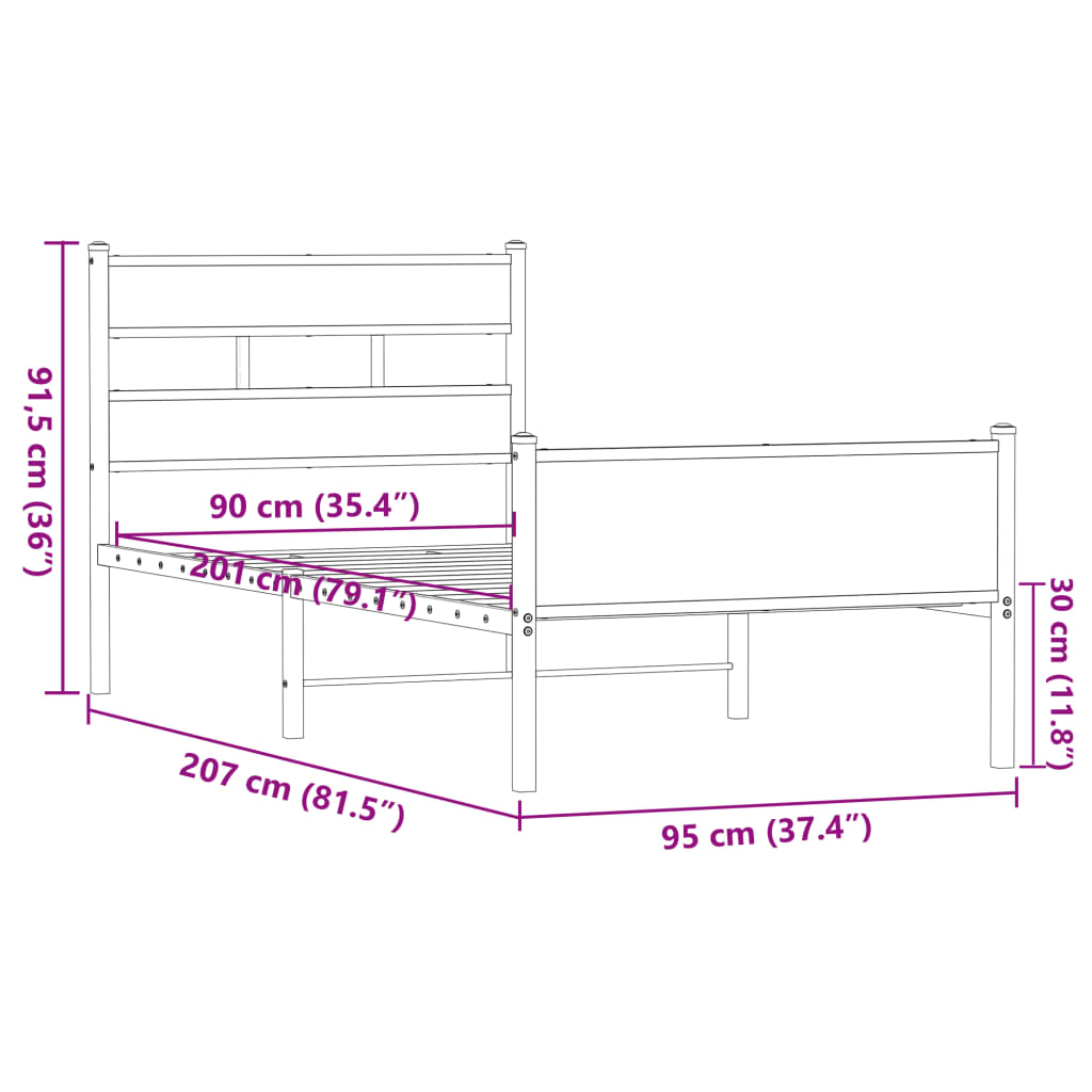 Sängram utan madrass brun ek 90x200 cm konstruerad trä