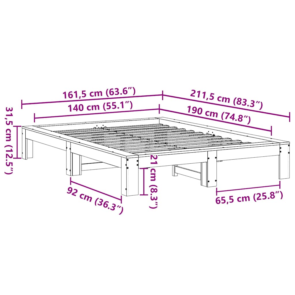 Sängram utan madrass 140x190 cm massiv furu