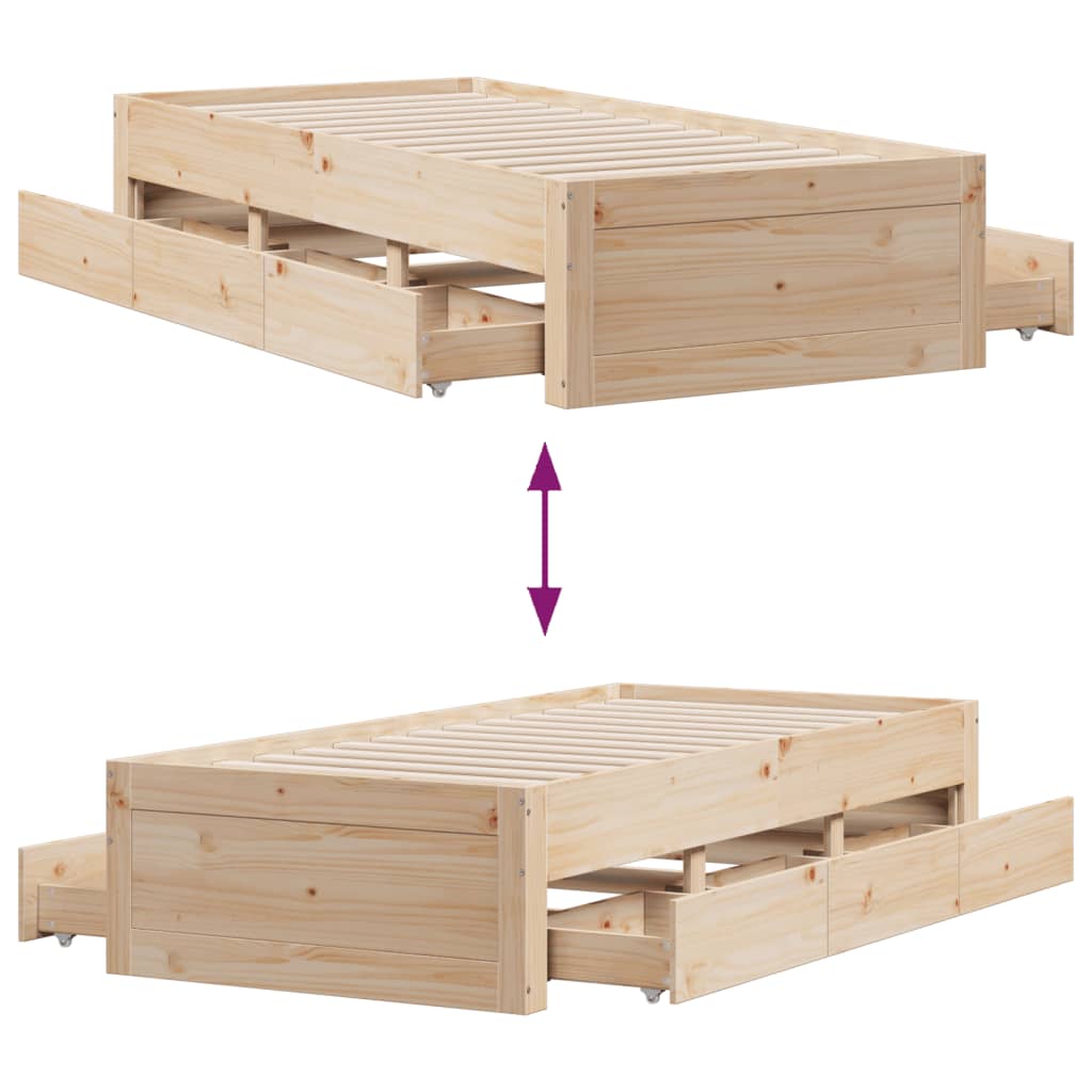 Sängram utan madrass med lådor 90x200 cm massiv furu