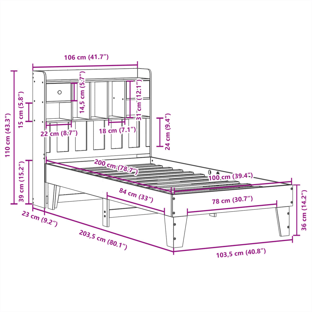 Sängram utan madrass vit 100x200 cm massiv furu