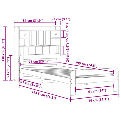 Säng med bokhylla utan madrass vit 75x190cm massiv furu