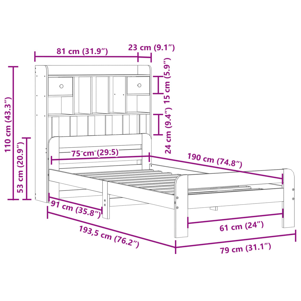 Säng med bokhylla utan madrass vaxbrun 75x190 cm massiv furu