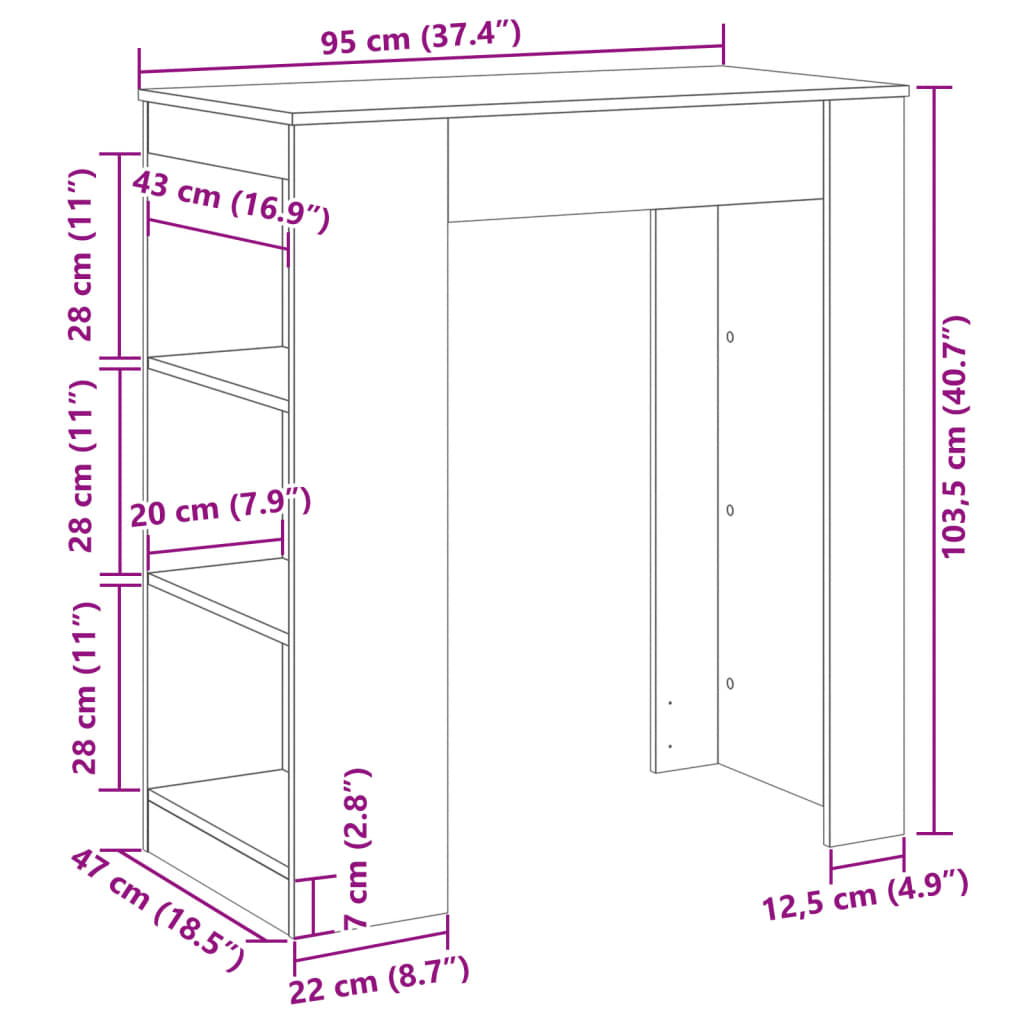 Barbord med ställ vit 95x47x103,5 cm konstruerat trä