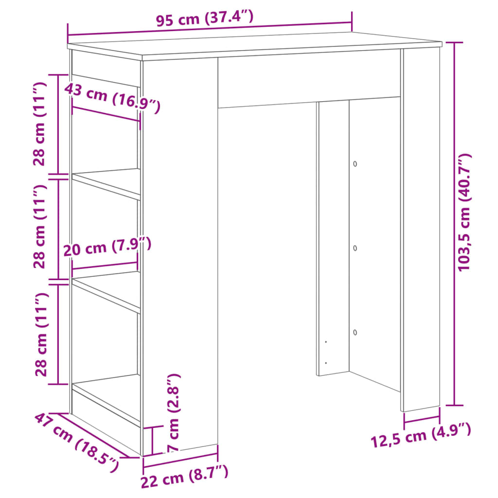 Barbord med hyllor sonoma-ek 95x47x103,5 cm konstruerat trä