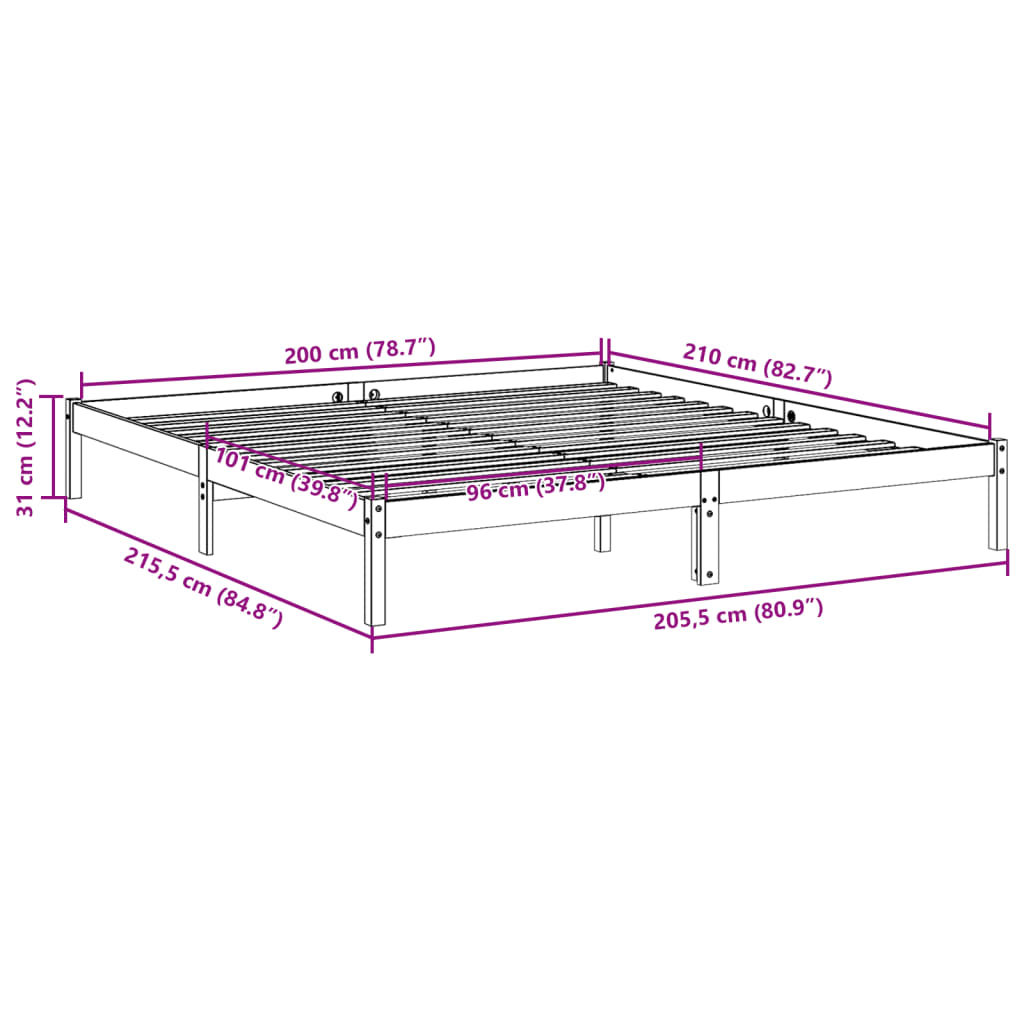 Sängram utan madrass extra lång 200x210 cm massiv furu