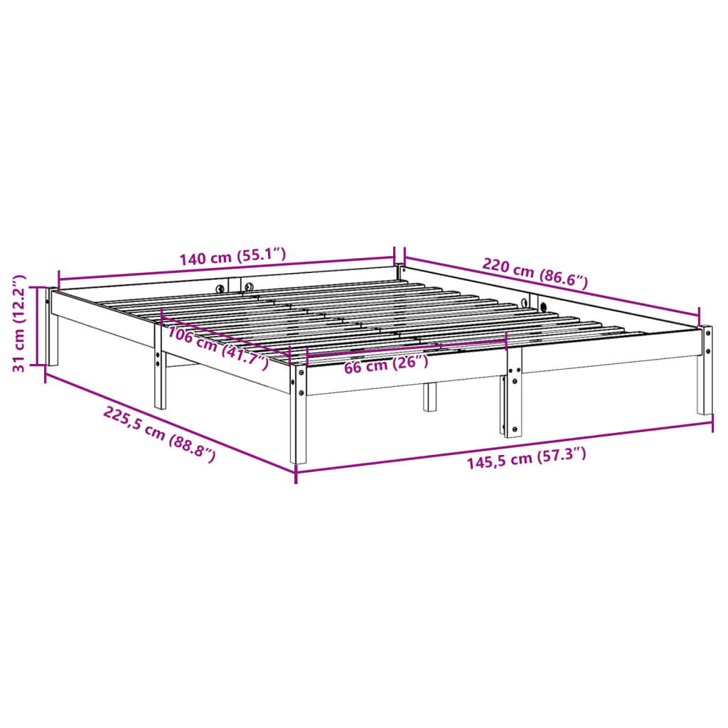 Sängram utan madrass extra lång vit 140x220 cm massiv furu