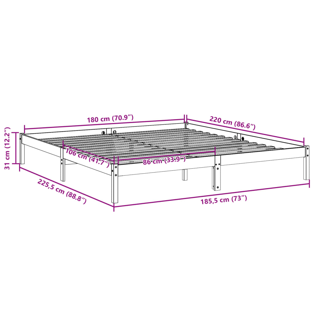 Sängram utan madrass extra lång vit 180x220 cm massiv furu