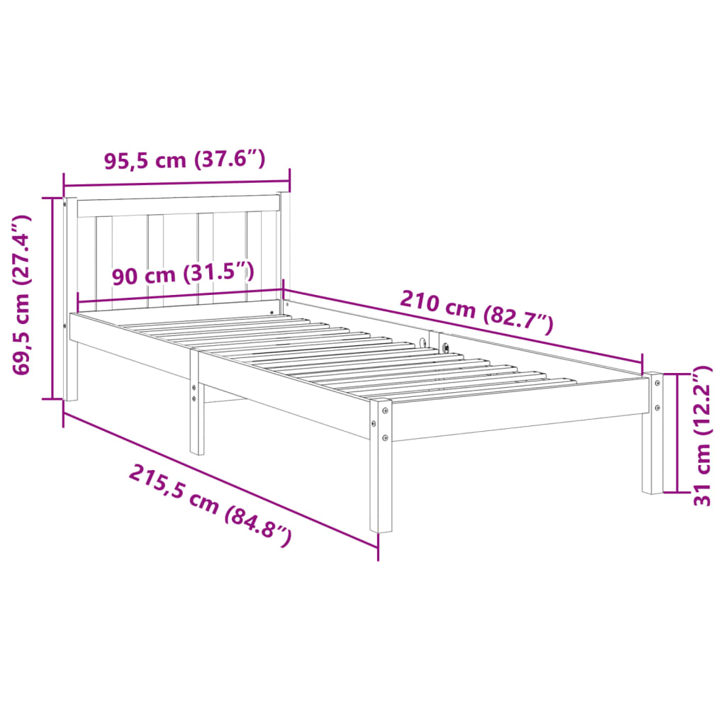 Sängram utan madrass extra lång 90x210 cm massiv furu