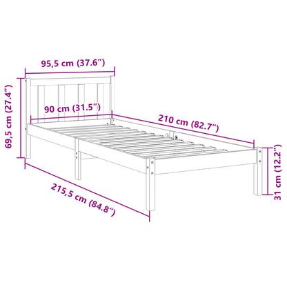 Sängram utan madrass extra lång 90x210 cm massiv furu