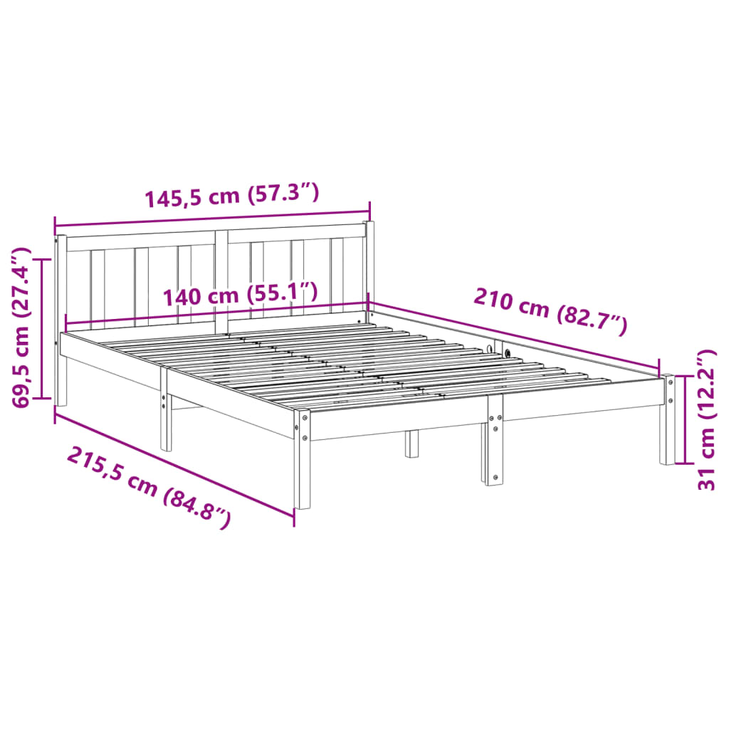 Sängram utan madrass extra lång vit 140x210 cm massiv furu