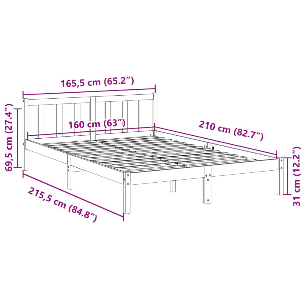 Sängram utan madrass extra lång 160x210 cm massiv furu