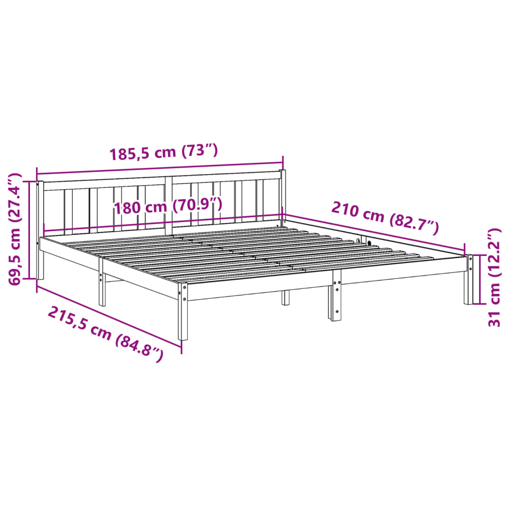 Sängram utan madrass extra lång vit 180x210 cm massiv furu