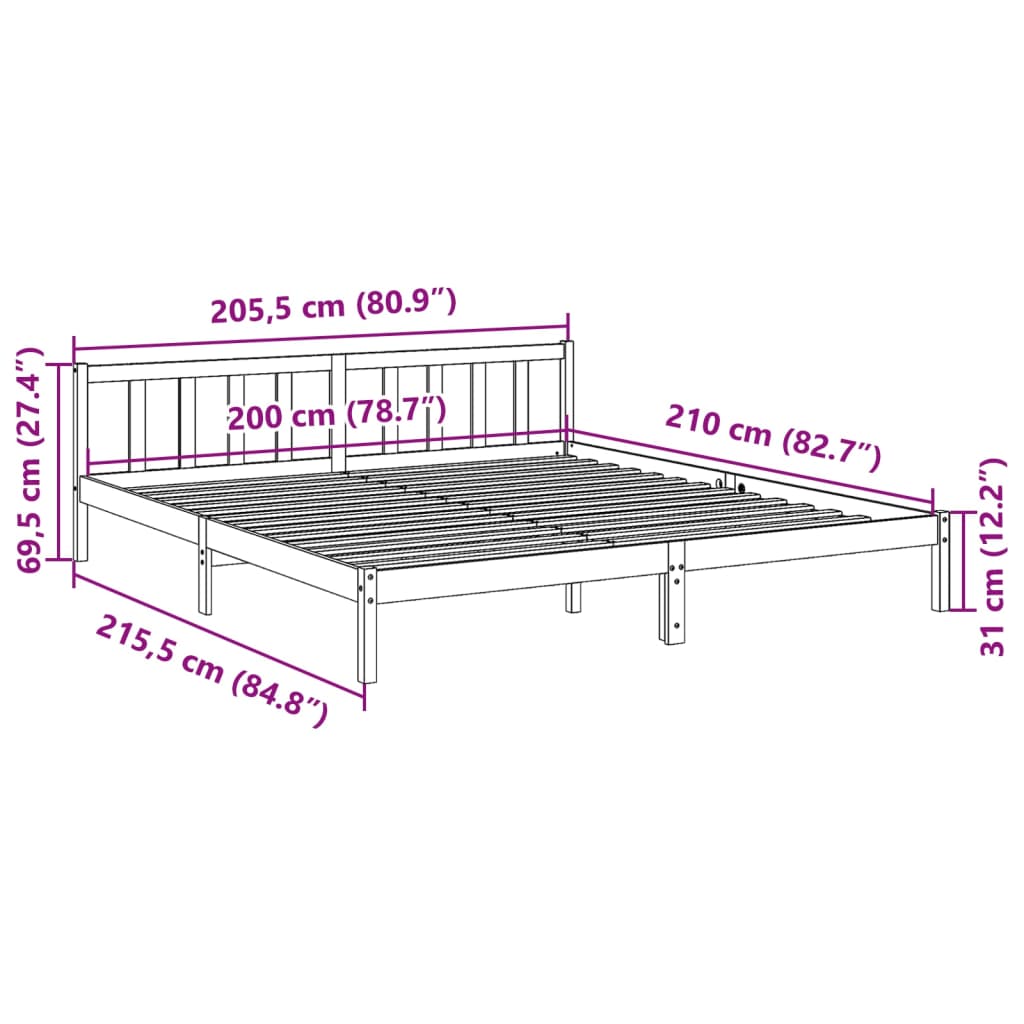 Sängram utan madrass extra lång 200x210 cm massiv furu