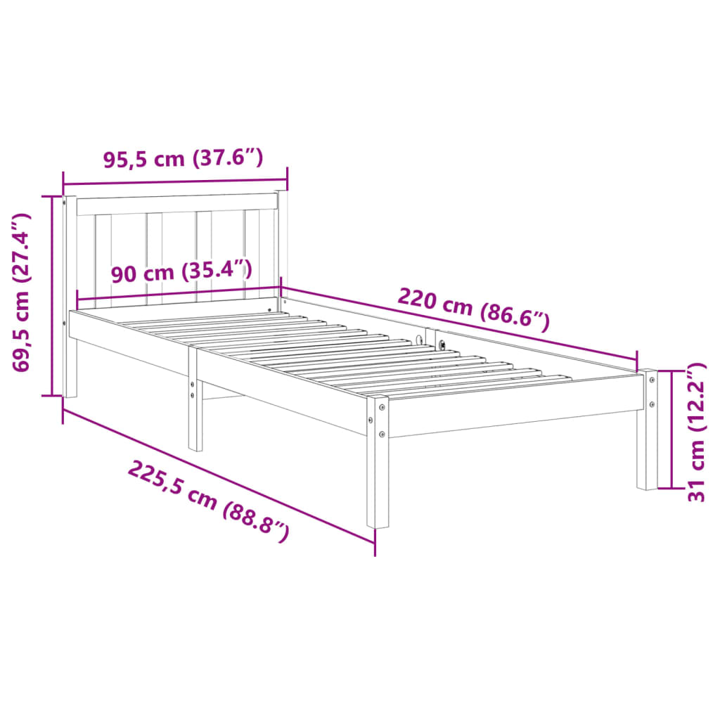 Sängram utan madrass extra lång vit 90x220 cm massiv furu