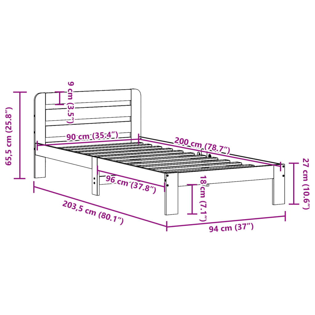 Sängram utan madrass vit 90x200 cm massiv furu